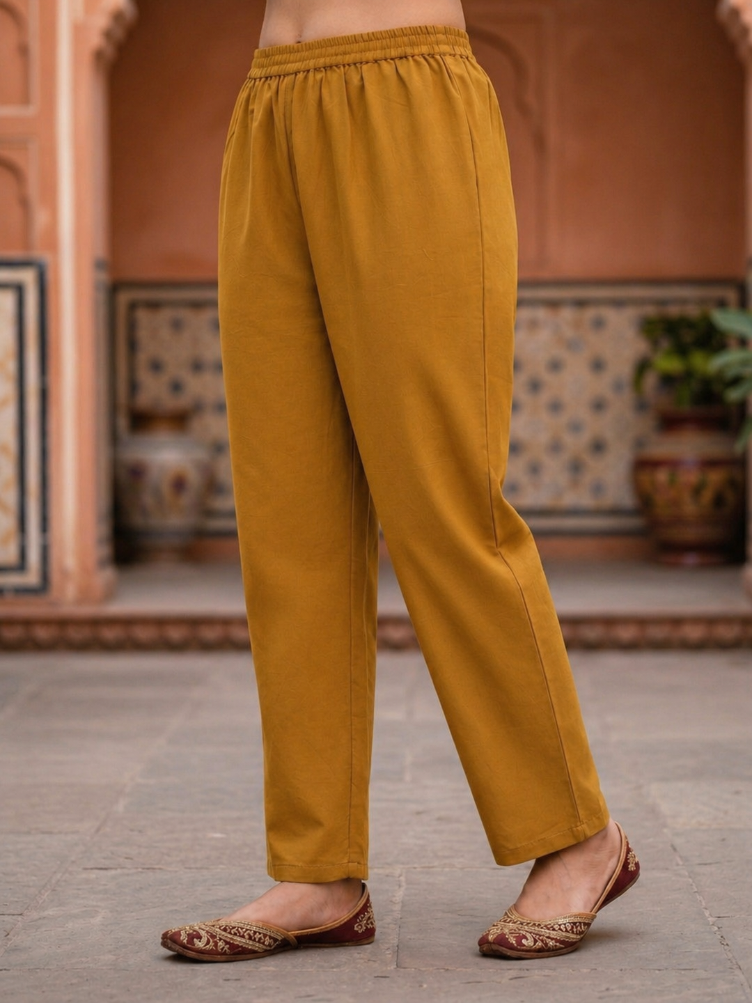 Solid Embroidered A-Line Kurta with Palazzo Co-ord Set - Mustard