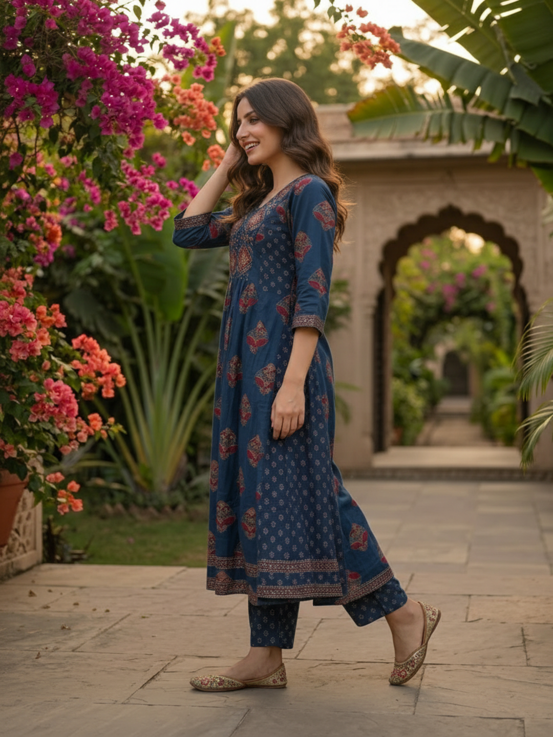 Indigo Blue Floral Cotton Anarkali Set with Bead & Sequin Embroidery, Palazzo & Printed Dupatta