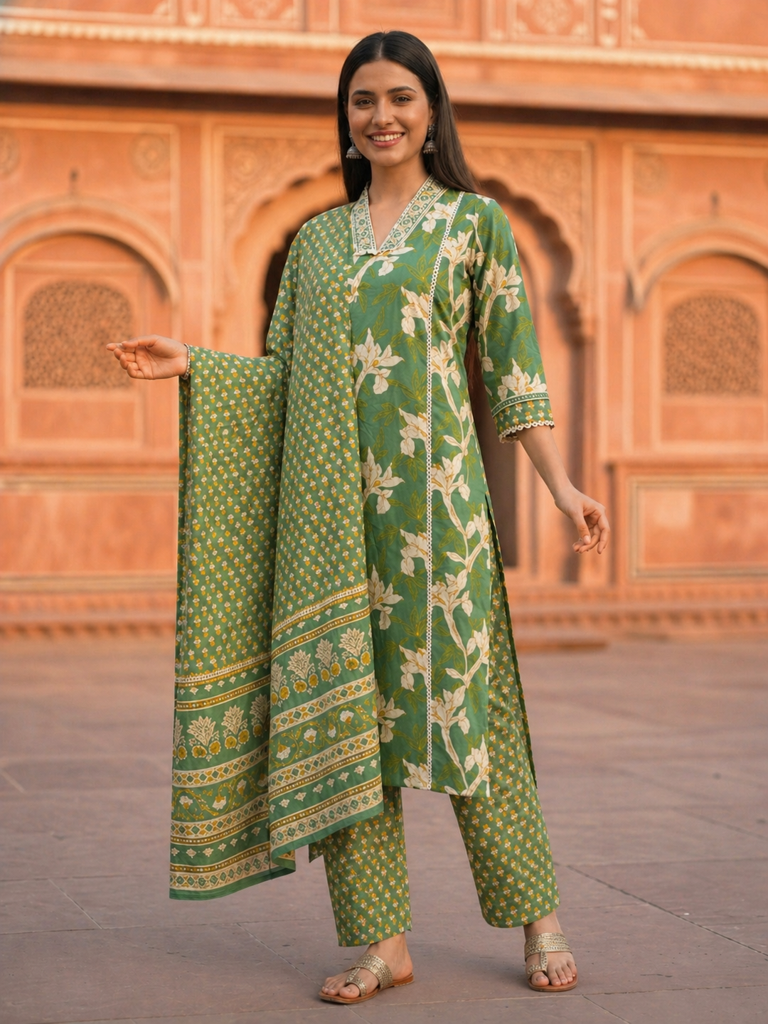 Floral Paisley Printed & Embroidered Straight Kurta with Pant & Dupatta - Green