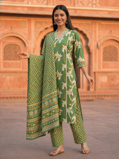 Floral Paisley Printed & Embroidered Straight Kurta with Pant & Dupatta - Green