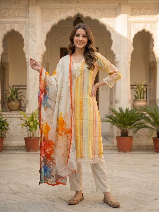 Checks & Stripes Printed Lace Straight Kurta with Pant & Dupatta - Multi