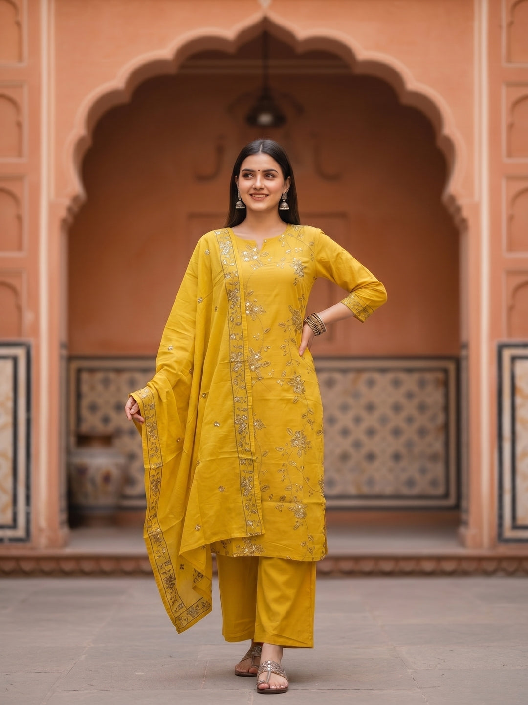 Solid Floral Embroidered Straight Kurta with Palazzo and Dupatta - Mustard
