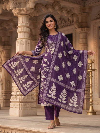 Floral Embroidered A-Line Cotton Kurta with Pant & Printed Voile Dupatta - Purple