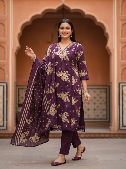 Floral Printed & Embroidered A-Line Kurta with Pant & Dupatta - Deep Purple