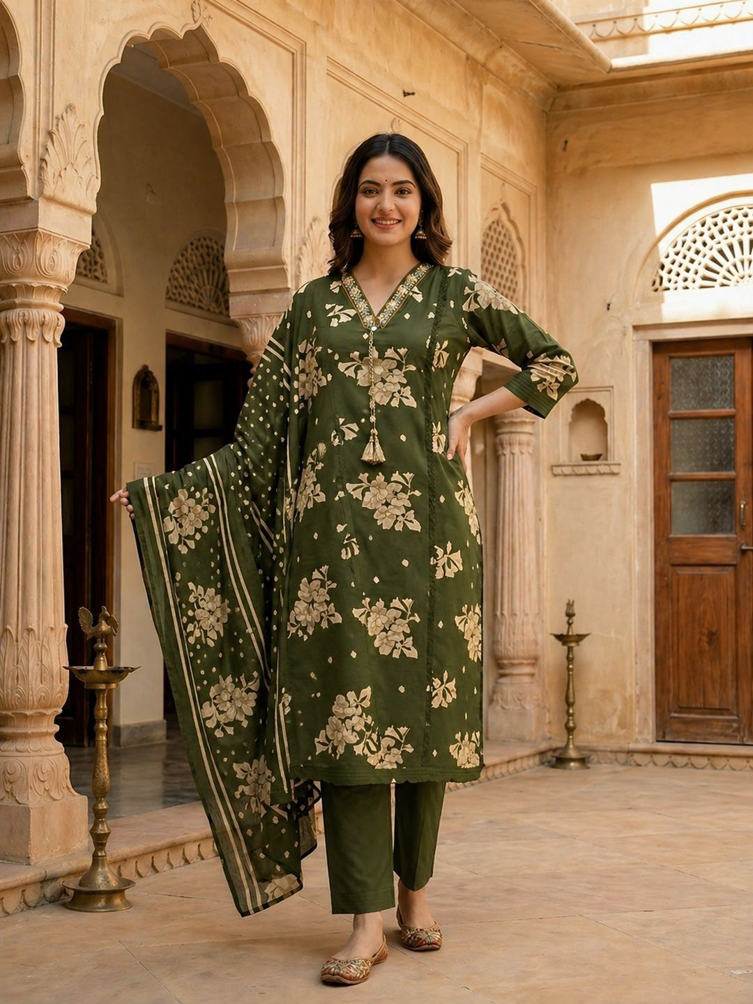Floral Printed & Embroidered Straight Kurta with Pant & Dupatta - Green