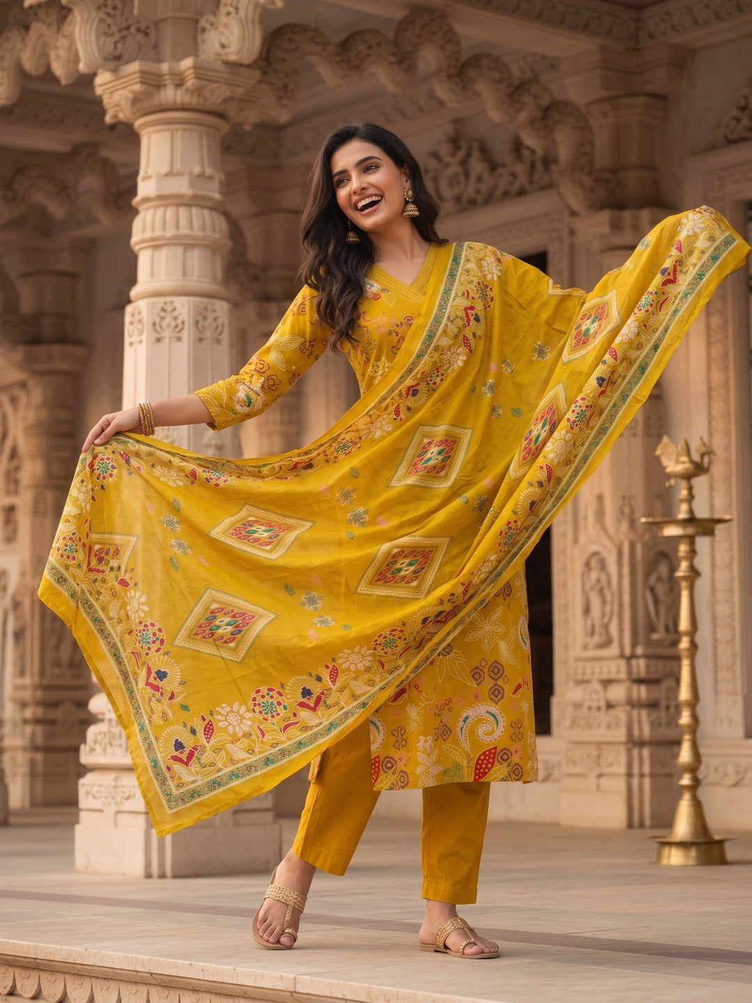 Floral Jaal Printed Straight Kurta with Pyjama & Dupatta - Mustard