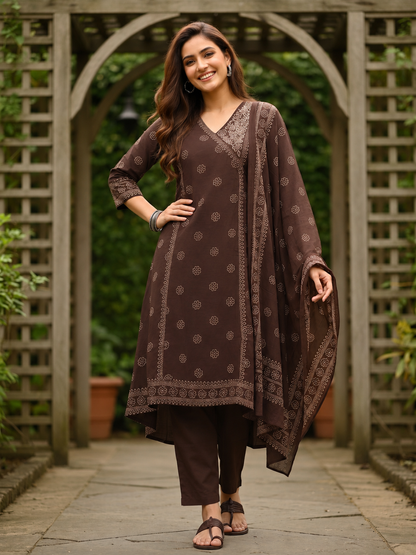 Coffee Brown Bandhani Printed Embroidered Anarkali with Palazzo & Dupatta