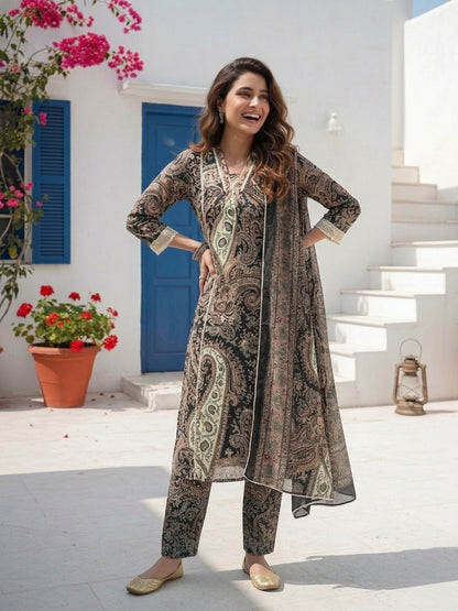 Paisley Ethnic Printed Lace A-Line Kurta with Palazzo & Dupatta - Black