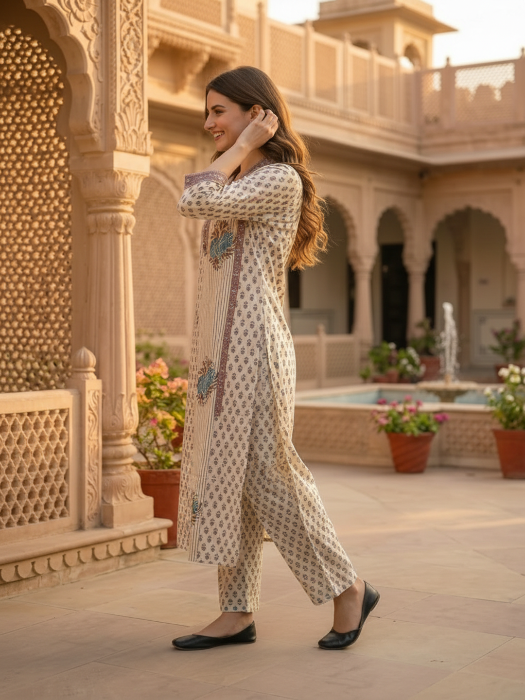 Beige Ethnic Floral Printed Cotton A-Line Kurta Set with Sequin & Embroidery, Shawl Collar, Palazzo & Printed Pure Cotton Dupatta