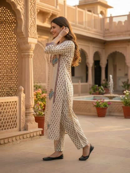 Beige Ethnic Floral Printed Cotton A-Line Kurta Set with Sequin & Embroidery, Shawl Collar, Palazzo & Printed Pure Cotton Dupatta