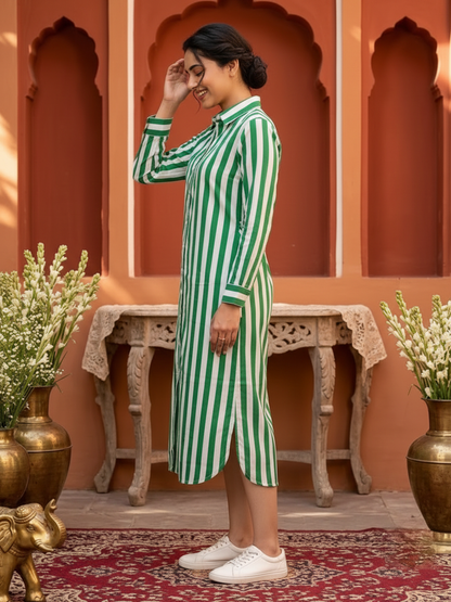 Green & White Striped Cotton Blend Straight Kurta with Shirt Collar & Side Tie-Up