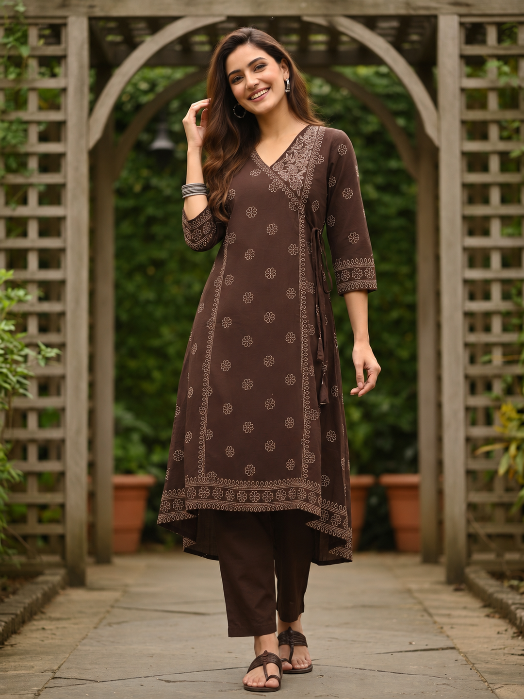 Coffee Brown Bandhani Printed Embroidered Anarkali with Palazzo & Dupatta