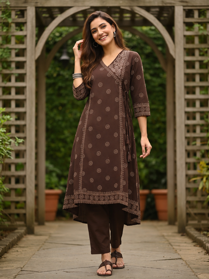 Coffee Brown Bandhani Printed Embroidered Anarkali with Palazzo & Dupatta