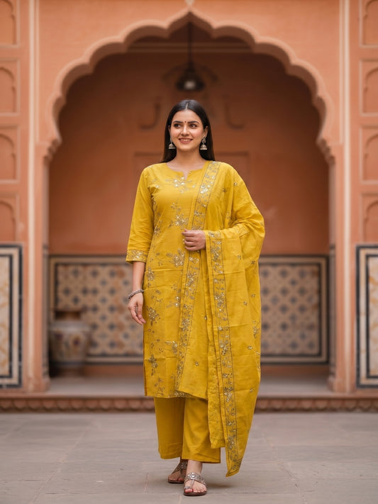 Solid Floral Embroidered Straight Kurta with Palazzo and Dupatta - Mustard