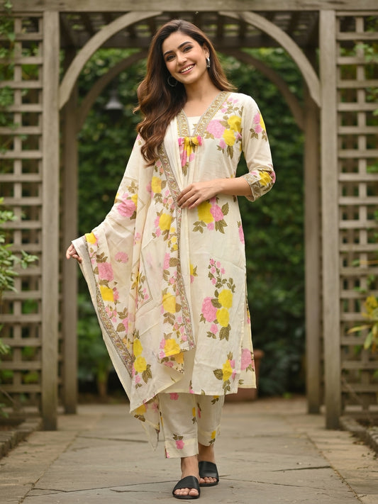 Floral Printed Straight Kurta with Pyjamas & Dupatta - Cream