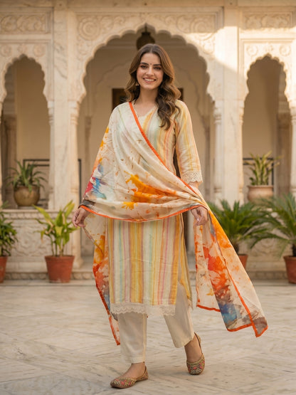 Checks & Stripes Printed Lace Straight Kurta with Pant & Dupatta - Multi