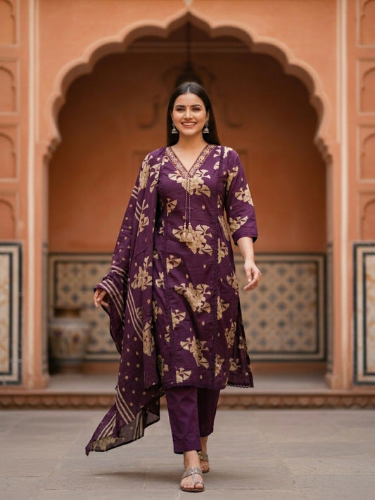 Floral Printed & Embroidered A-Line Kurta with Pant & Dupatta - Deep Purple