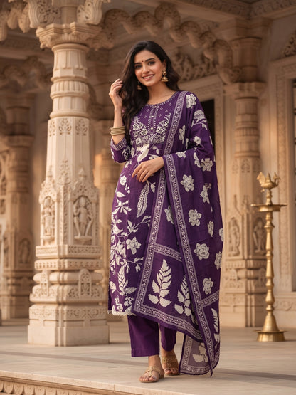 Floral Embroidered A-Line Cotton Kurta with Pant & Printed Voile Dupatta - Purple