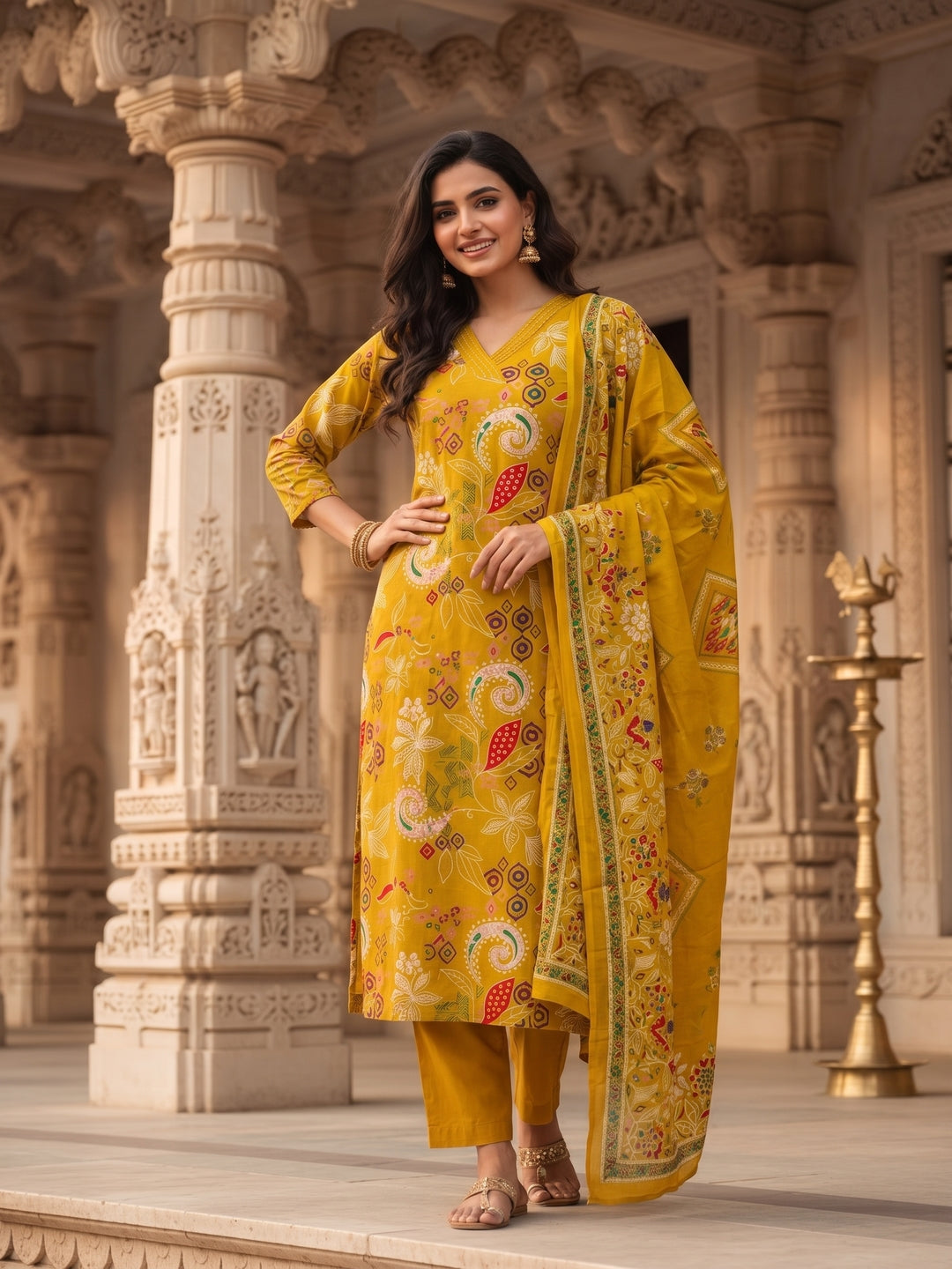 Floral Jaal Printed Straight Kurta with Pyjama & Dupatta - Mustard