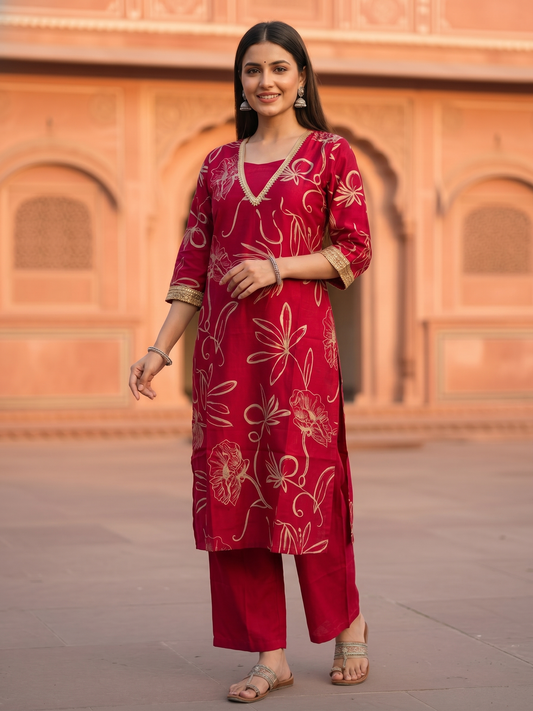 Abstract Floral Printed Straight Kurta with Palazzo Co-ord Set - Burgundy