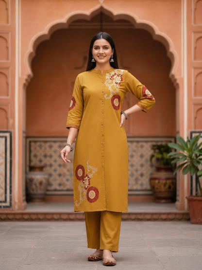 Solid Embroidered A-Line Kurta with Palazzo Co-ord Set - Mustard