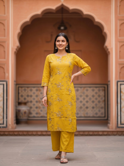 Solid Floral Embroidered Straight Kurta with Palazzo and Dupatta - Mustard