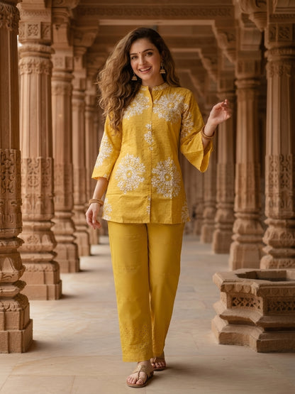 Abstract Printed Schiffili A-Line Kurta with Palazzo Co-ord Set - Yellow