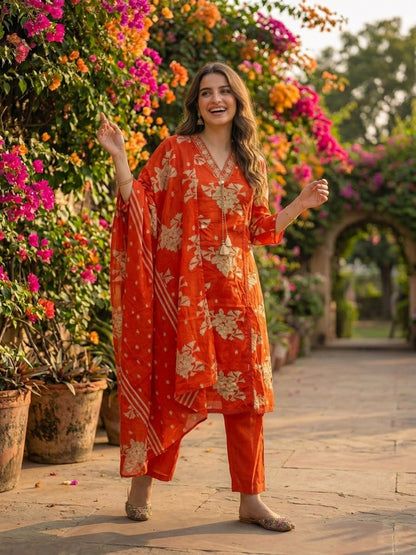 Floral Printed & Embroidered Straight Kurta with Pant & Dupatta - Orange