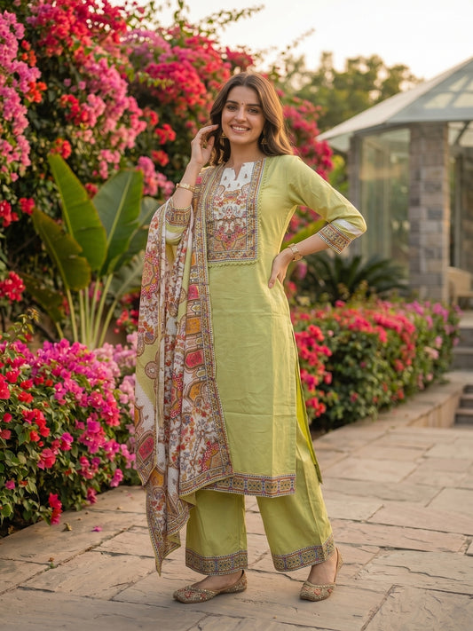 Solid Mirror Work & Sequin Straight Kurta with Palazzo & Dupatta - Lime Green