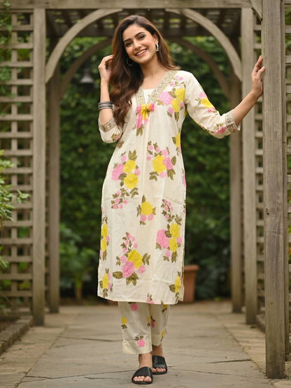 Floral Printed Straight Kurta with Pyjamas & Dupatta - Cream