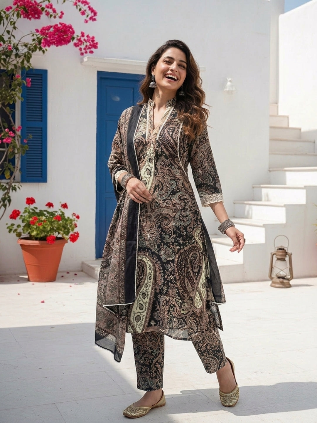 Paisley Ethnic Printed Lace A-Line Kurta with Palazzo & Dupatta - Black
