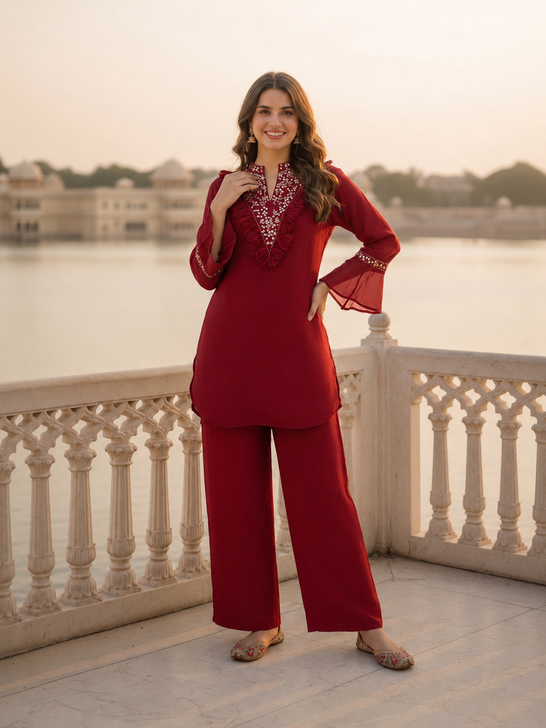 Maroon Solid Chiffon A-Line Kurta Set with Sequin Handwork & Tassel, Silk Crepe Palazzo