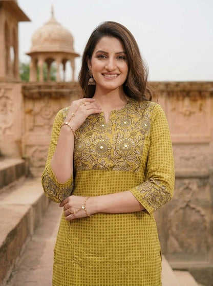 Yellow Kalamkari Floral Printed Embroidered Cotton Blend Straight Kurta Set with Palazzo