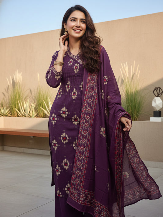 Abstract Printed Sequin & Embroidered Angrakha Kurta with Pyjama & Dupatta - Purple