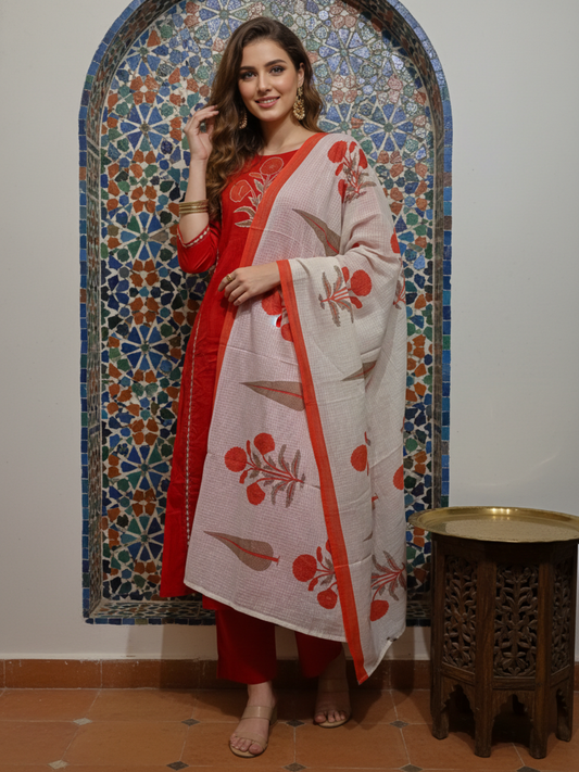 Solid Floral Embroidered Straight Kurta with Pant & Dupatta - Red
