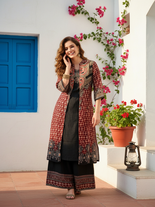 Ethnic Printed Mirror Work & Sequin Sherwani-Inspired Layered Kurta with Palazzo - Maroon