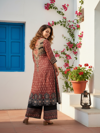 Ethnic Printed Mirror Work & Sequin Sherwani-Inspired Layered Kurta with Palazzo - Maroon