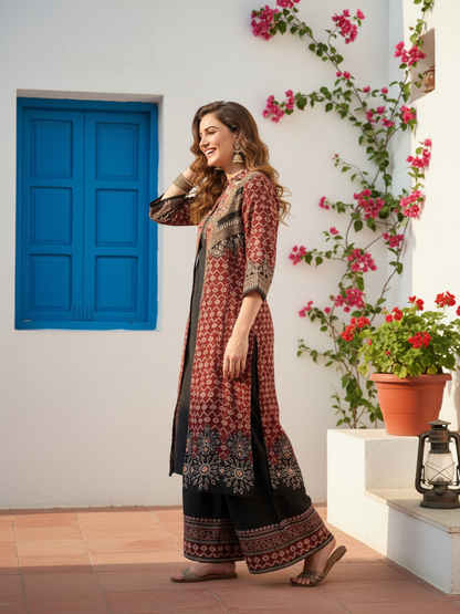 Ethnic Printed Mirror Work & Sequin Sherwani-Inspired Layered Kurta with Palazzo - Maroon