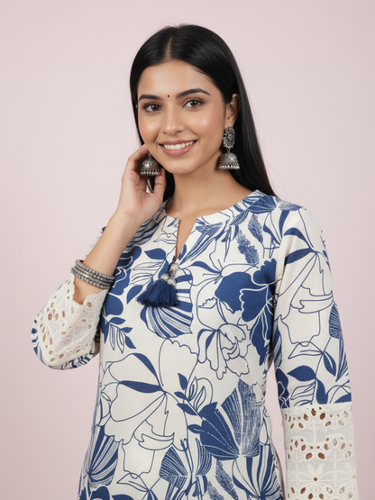 Floral Printed Schiffili Embellished Straight Kurta with Pyjama - Beige