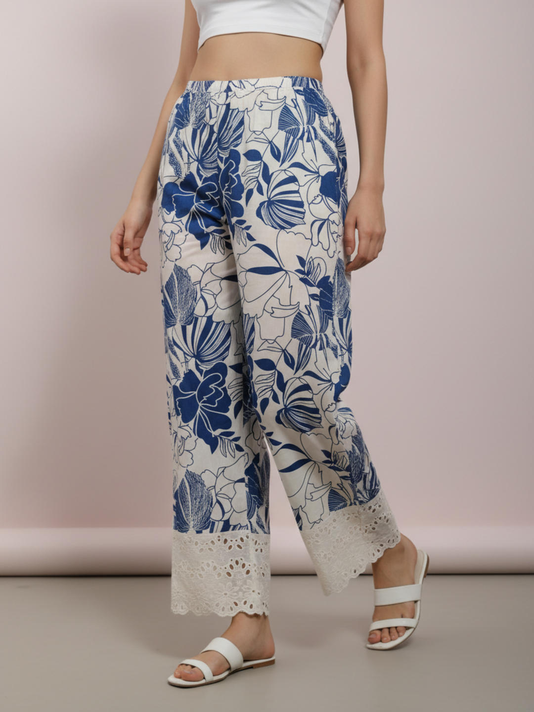 Floral Printed Schiffili Embellished Straight Kurta with Pyjama - Beige