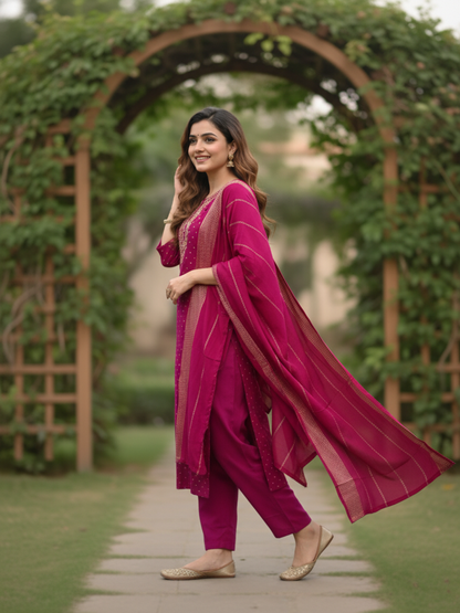 Solid Gota Patti & Sequin Embellished Straight Kurta with Pant & Dupatta - Purple