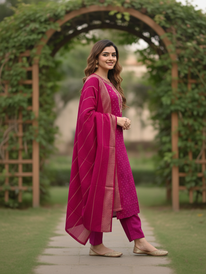 Solid Gota Patti & Sequin Embellished Straight Kurta with Pant & Dupatta - Purple