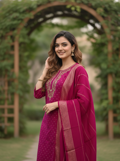 Solid Gota Patti & Sequin Embellished Straight Kurta with Pant & Dupatta - Purple