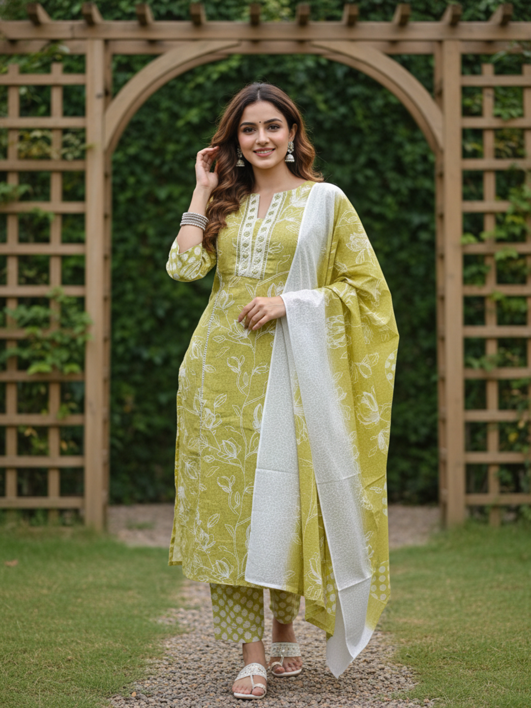 Floral Printed Mirror Work, Embroidered & Lace Straight Kurta with Pant & Dupatta - Lime Green