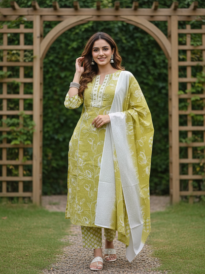 Floral Printed Mirror Work, Embroidered & Lace Straight Kurta with Pant & Dupatta - Lime Green