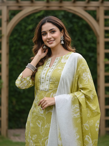 Floral Printed Mirror Work, Embroidered & Lace Straight Kurta with Pant & Dupatta - Lime Green