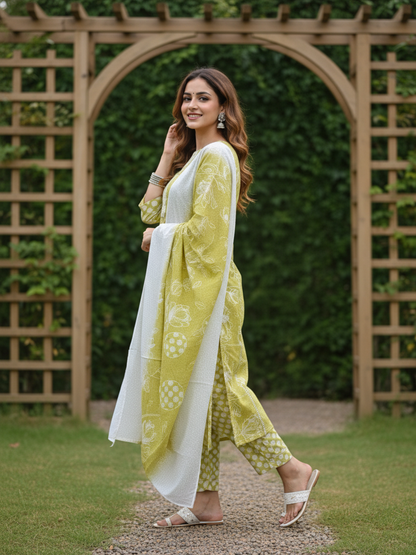 Floral Printed Mirror Work, Embroidered & Lace Straight Kurta with Pant & Dupatta - Lime Green