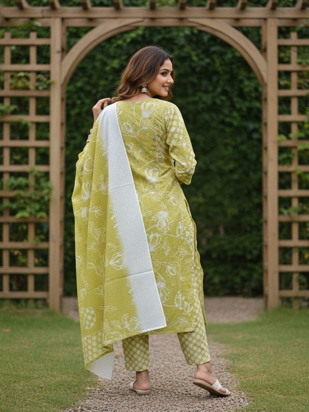 Floral Printed Mirror Work, Embroidered & Lace Straight Kurta with Pant & Dupatta - Lime Green