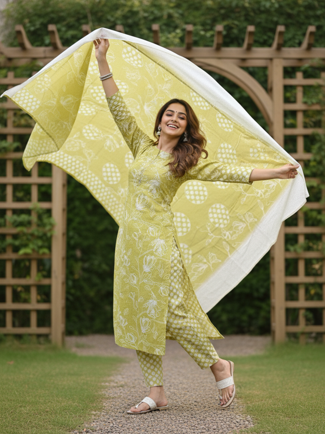 Floral Printed Mirror Work, Embroidered & Lace Straight Kurta with Pant & Dupatta - Lime Green