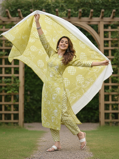 Floral Printed Mirror Work, Embroidered & Lace Straight Kurta with Pant & Dupatta - Lime Green